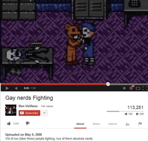 a gif of the fight between the rat actor and the puppeteer (fnac 3), edited to include the youtube description of the "gay nerds fighting" video.